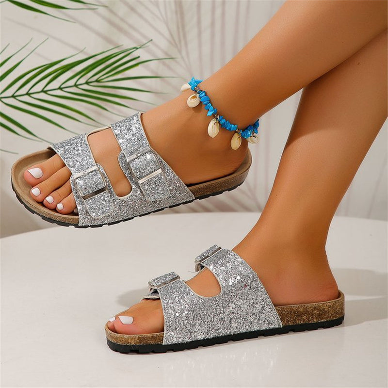 Sequined Double Buckle Women's Beach Sandals