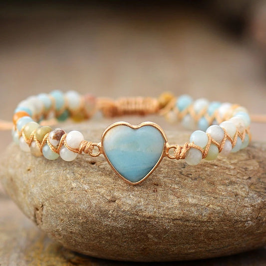 Blue Stone Woven Bracelet With Peach Heart-Shaped Stone