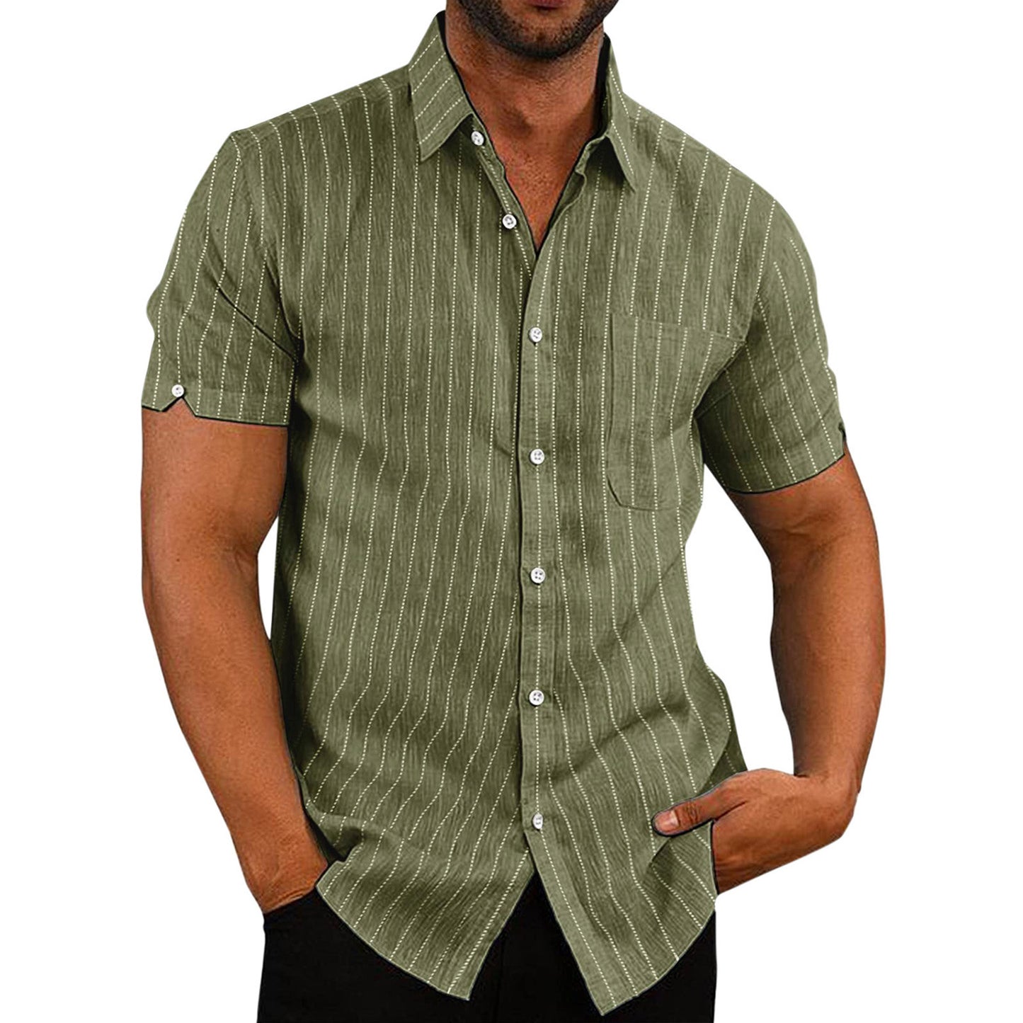 Summer Lapels Short Sleeve Solid Color Buttons Men's Striped Shirt Men's Clothing