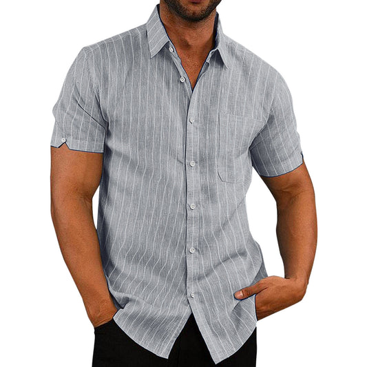 Summer Lapels Short Sleeve Solid Color Buttons Men's Striped Shirt Men's Clothing