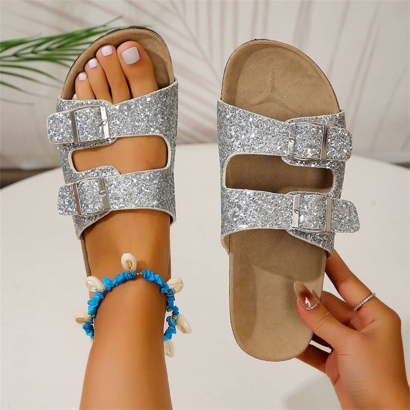 Sequined Double Buckle Women's Beach Sandals