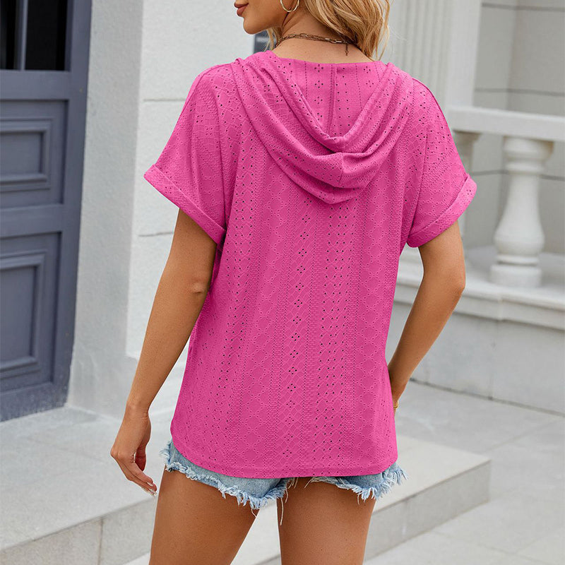 Solid Color Hooded Button T-shirt, Short-sleeve