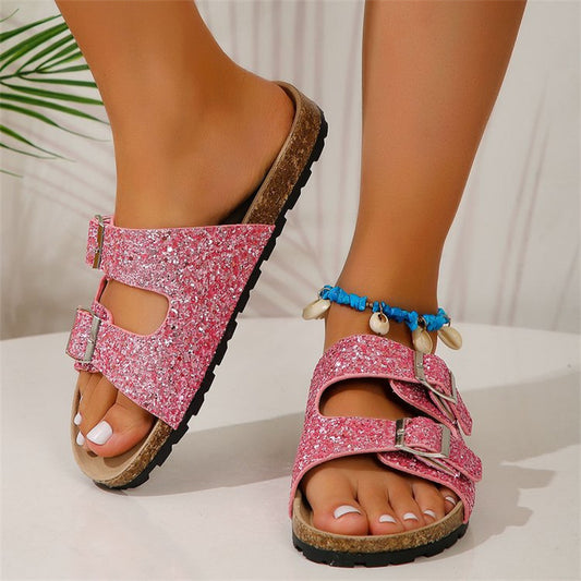 Sequined Double Buckle Women's Beach Sandals