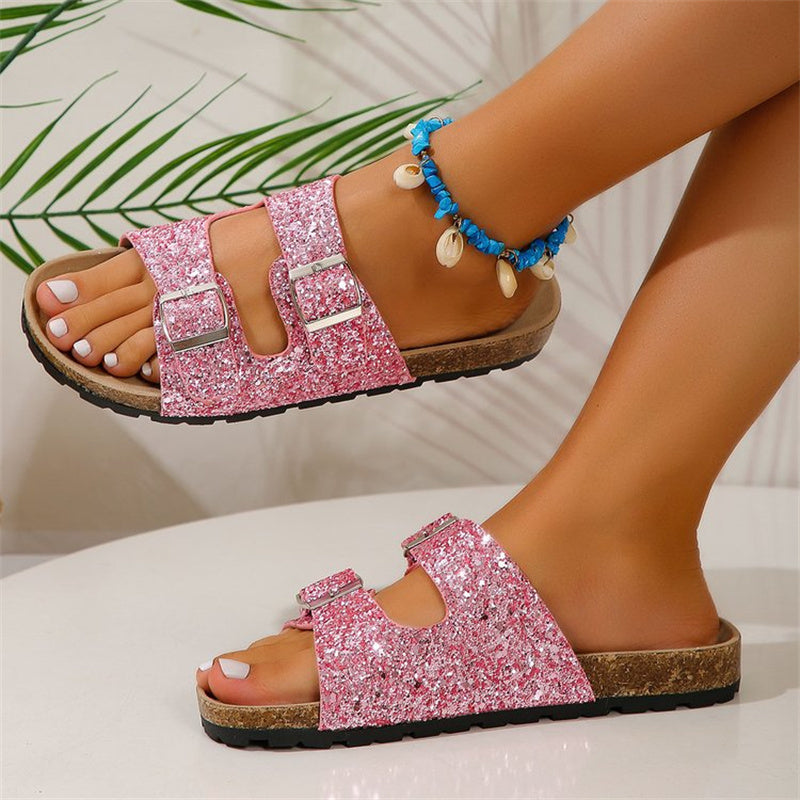 Sequined Double Buckle Women's Beach Sandals