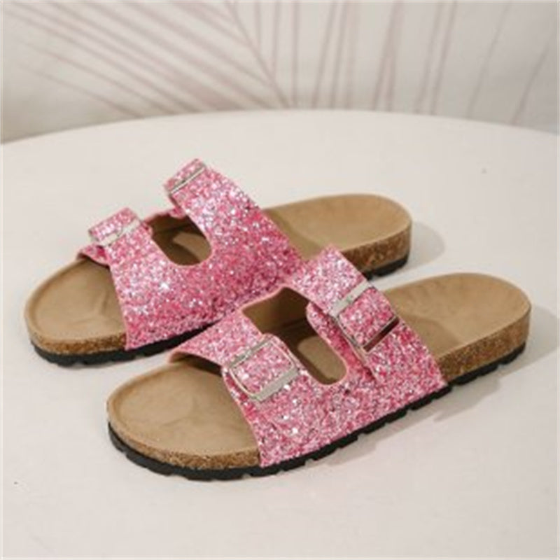 Sequined Double Buckle Women's Beach Sandals